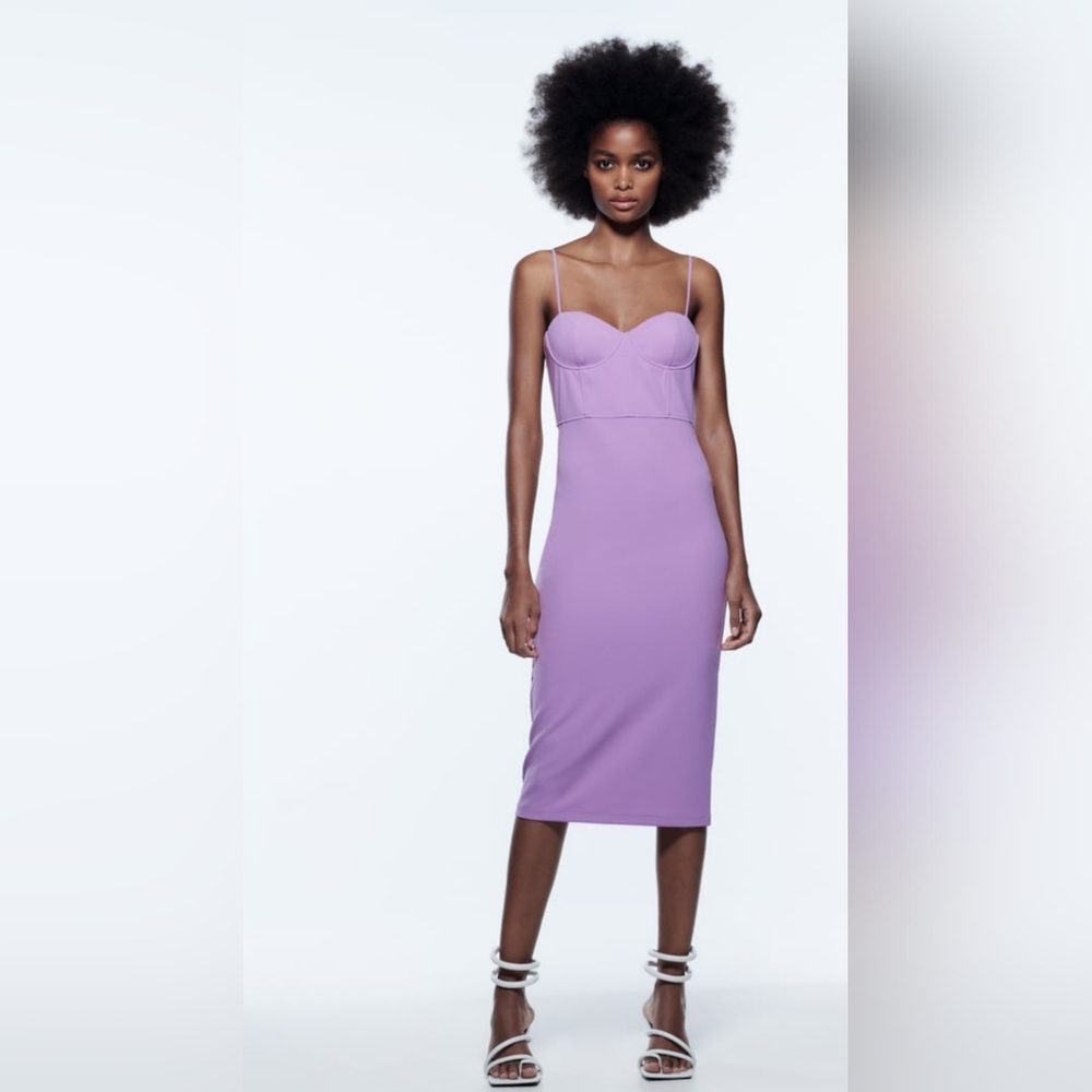 Zara Lilac Purple Corset Style Midi Shift Dress Sz Medium Adjustable Straps NWT